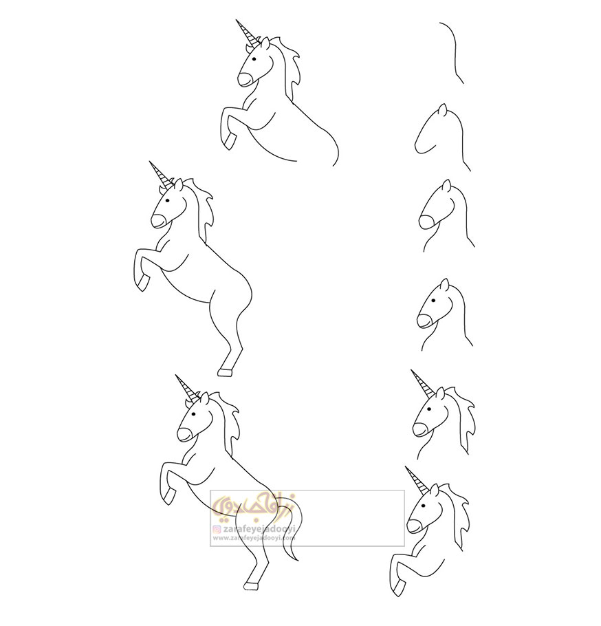 آموزش قدم به قدم نقاشی ساده اسب شاخدار