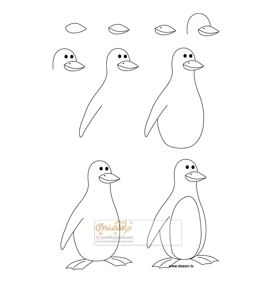 آموزش قدم به قدم نقاشی ساده پنگوئن